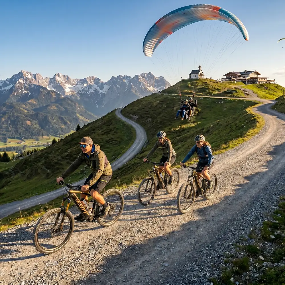 Bike & Fly Westendorf: Mountainbiker auf dem Gipfelweg, im Hintergrund ein startender Gleitschirm